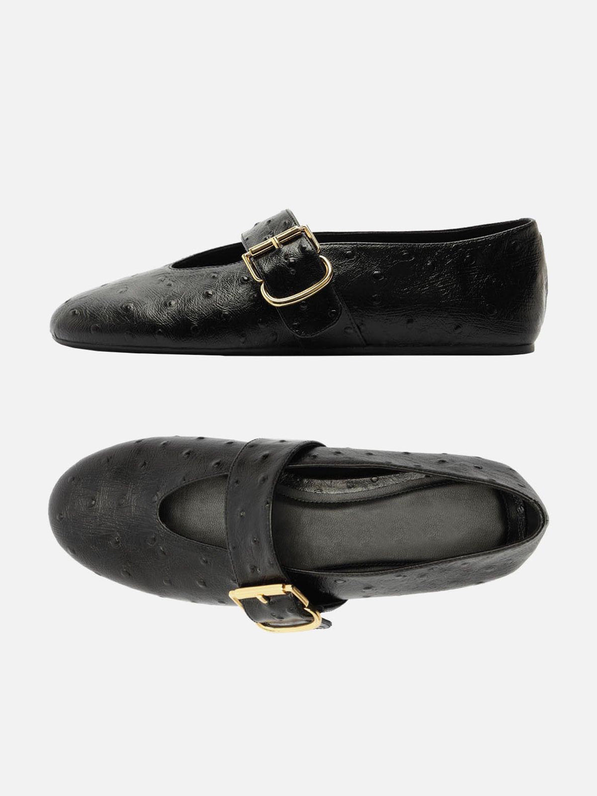 Black Ostrich Pattern Vegan Leather Round-Toe Mary Jane Chic Ballet Flats