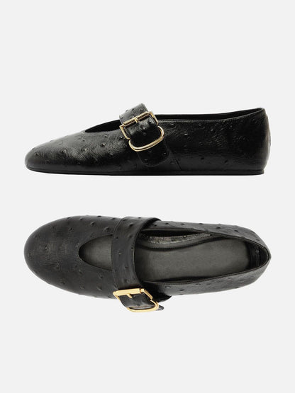 Black Ostrich Pattern Vegan Leather Round-Toe Mary Jane Chic Ballet Flats