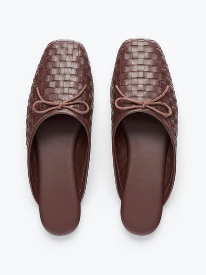 Woven Vegan Leather Square-Toe Front Bow Slip-On Backless Flats - Coffee