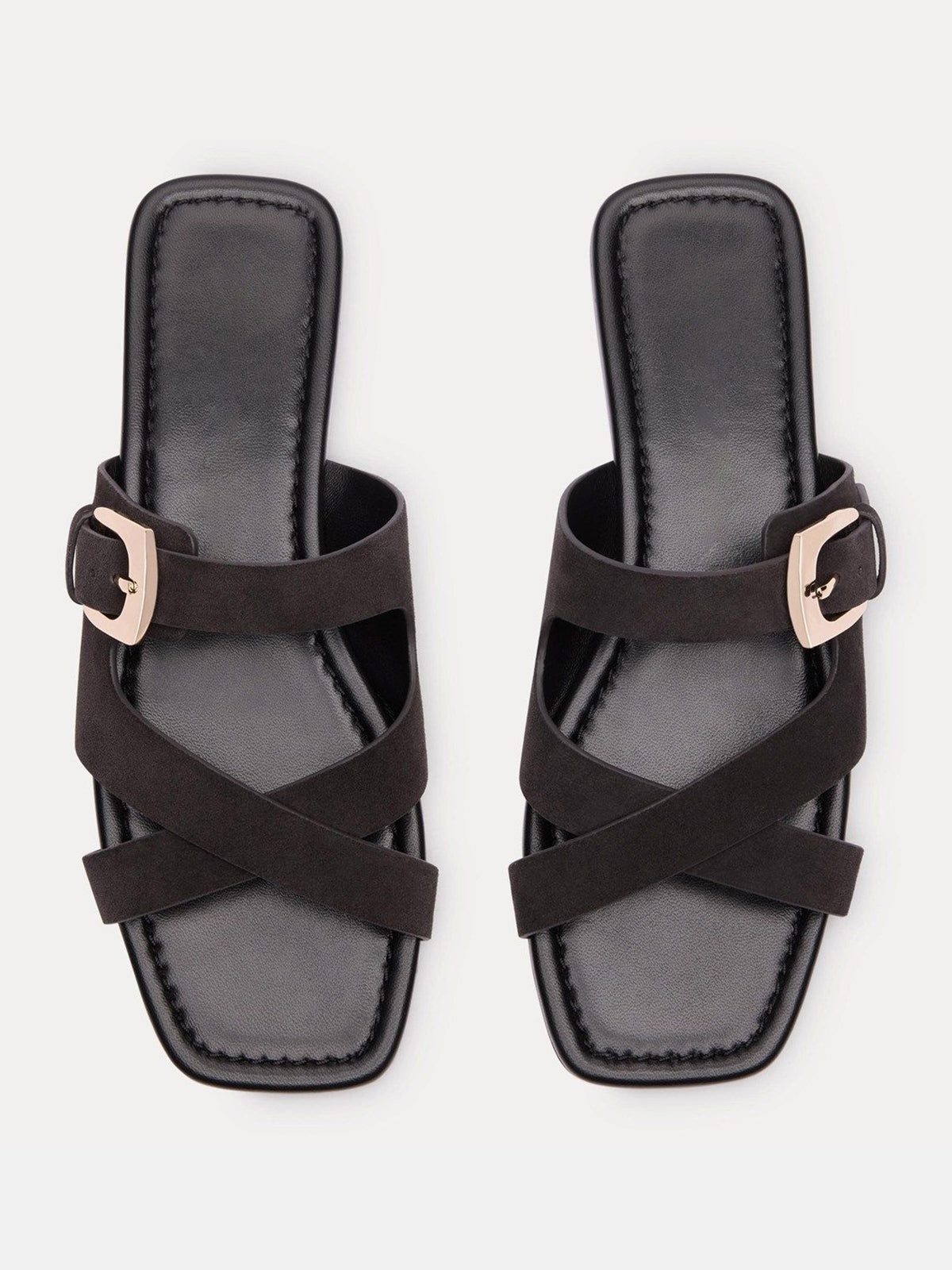 Dark Gray Faux Suede Square-Toe Slip-On Buckle Slide Sandal Flats