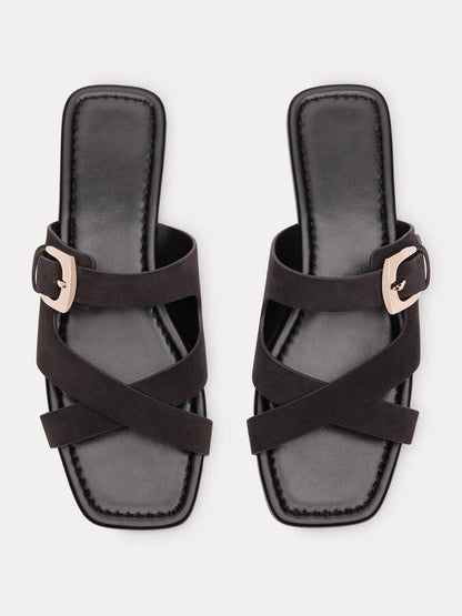 Dark Gray Faux Suede Square-Toe Slip-On Buckle Slide Sandal Flats