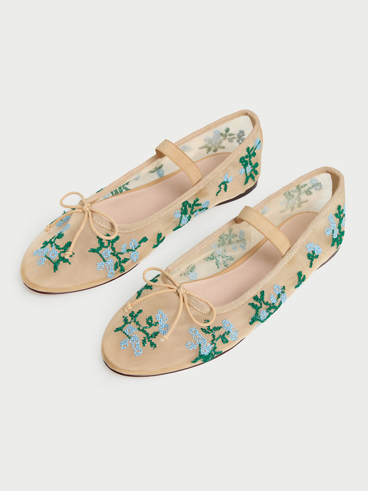 Caramel Mesh Round-Toe Flower Embroidery Front Bow And Middle Strap Ballet Flats