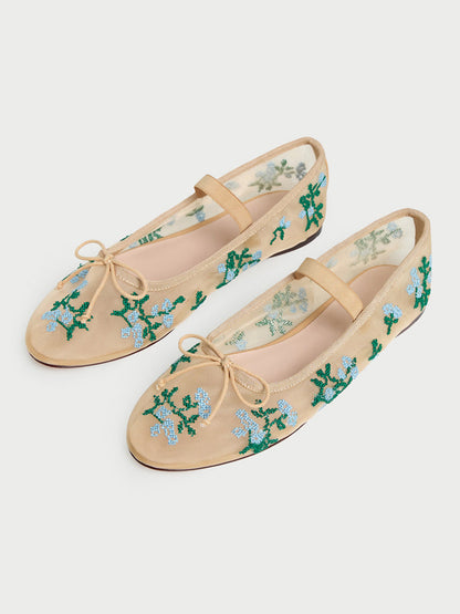 Caramel Mesh Round-Toe Flower Embroidery Front Bow And Middle Strap Ballet Flats