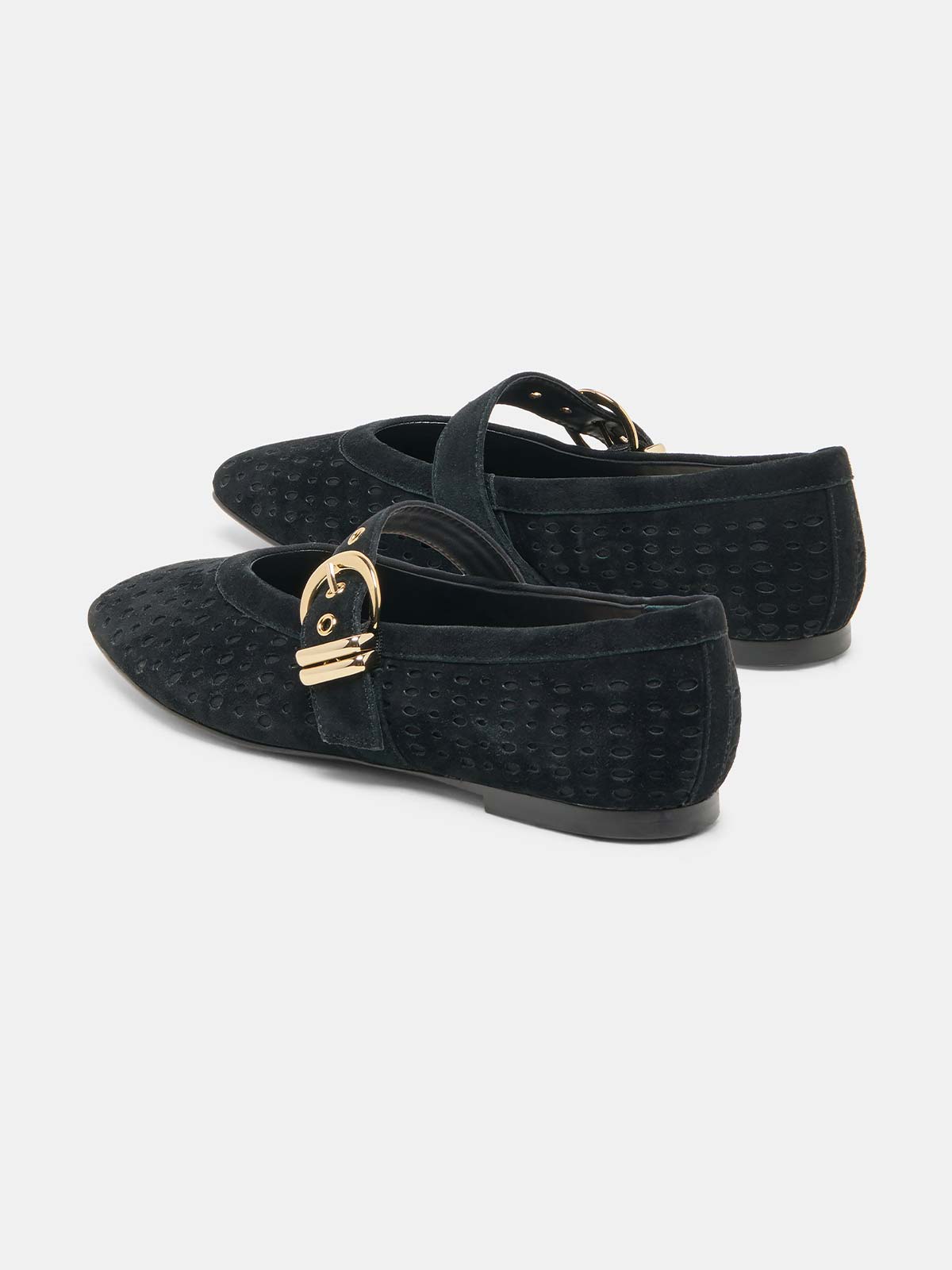 Chocolate Perforated Faux Suede Square-Toe Middle Strap Ballet Flats