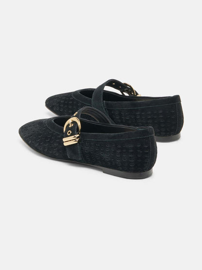 Chocolate Perforated Faux Suede Square-Toe Middle Strap Ballet Flats