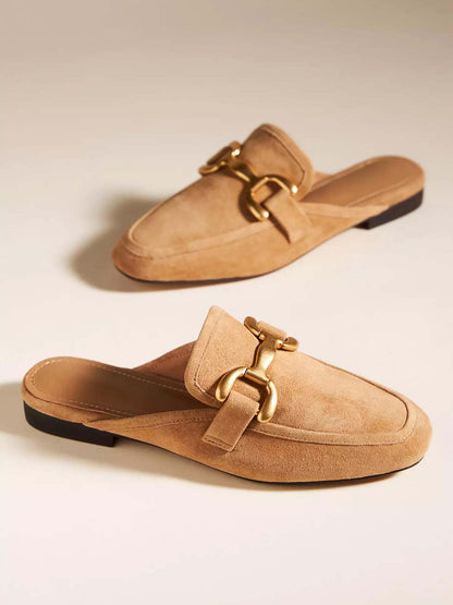 Camel Faux Suede Square-Toe Slip-On Backless Loafers Flats