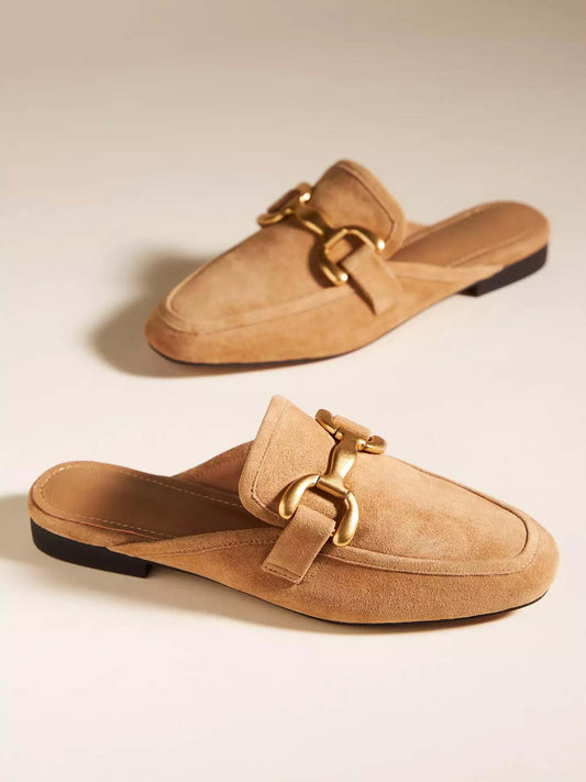 Camel Faux Suede Square-Toe Slip-On Backless Loafers Flats