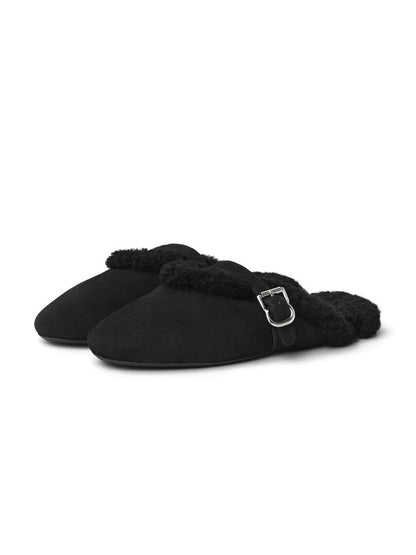 Black Faux Suede And Plush Square-Toe Mary Jane Slip-On Backless Flats