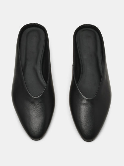 Black Pointed-Toe Backless Simple Slip-On Flats