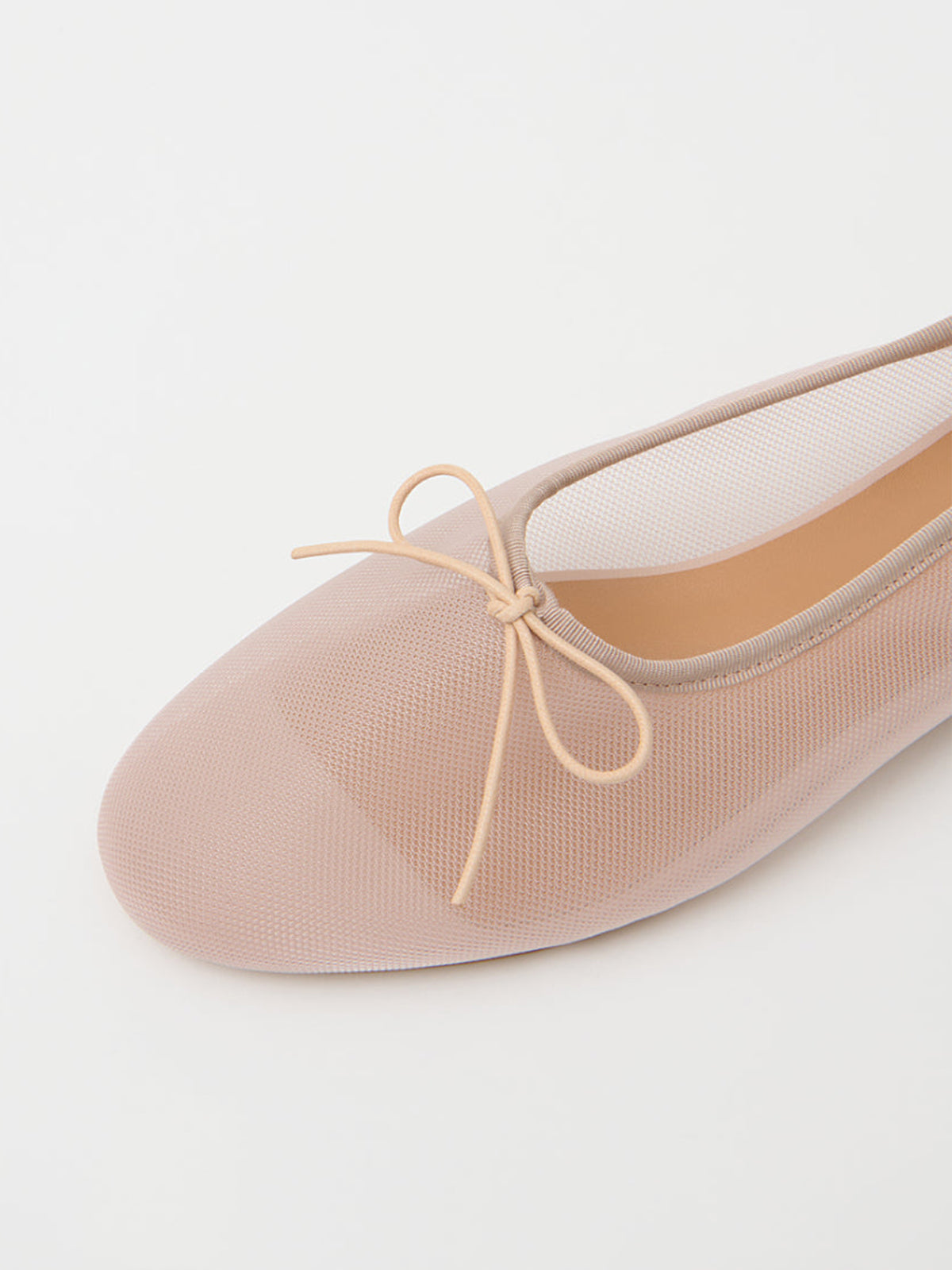 Beige Mesh Round-Toe Simple Chic Ballet Flats With Front Bow