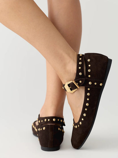 Coffee Faux Suede Square-Toe Studs And Buckle Mary Jane Chic Flats