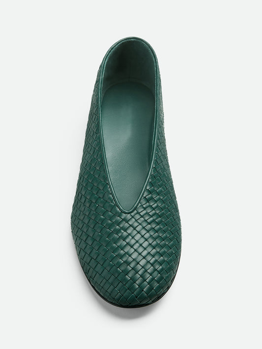 Green Woven Vegan Leather Round-Toe Slip-On Ballet Flats