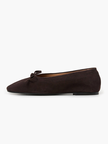 Chocolate Faux Suede Classic Square-Toe Front Bow Simple Ballet Flats