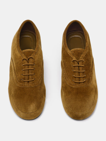 Brown Lint Round-Toe Lace-Up Slip-On Chic Flats