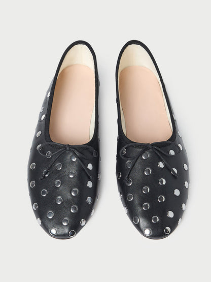 Black Round-Toe Chic Front Bow Slip-On Studs Ballet Flats