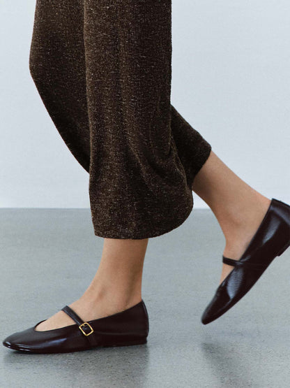 Chocolate Round-Toe Buckle Middle Strap Slip-On Ballet Chic Flats