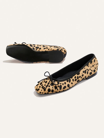 Front Bow Square-Toe Slip-On Chic Ballet Flats - Cow Pattern