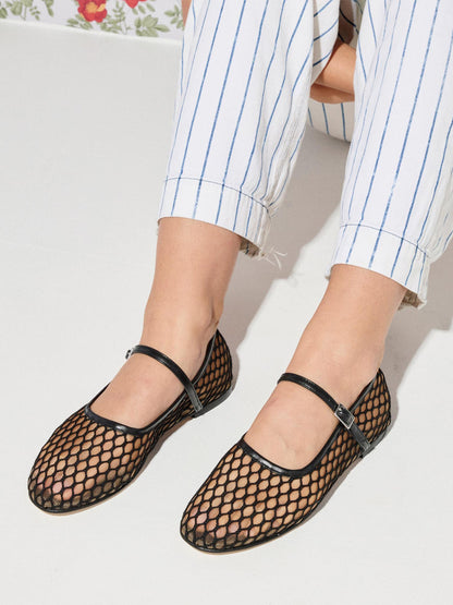 Chic Square-Toe Mary Jane Slip-On Ballet Flats - Black Mesh