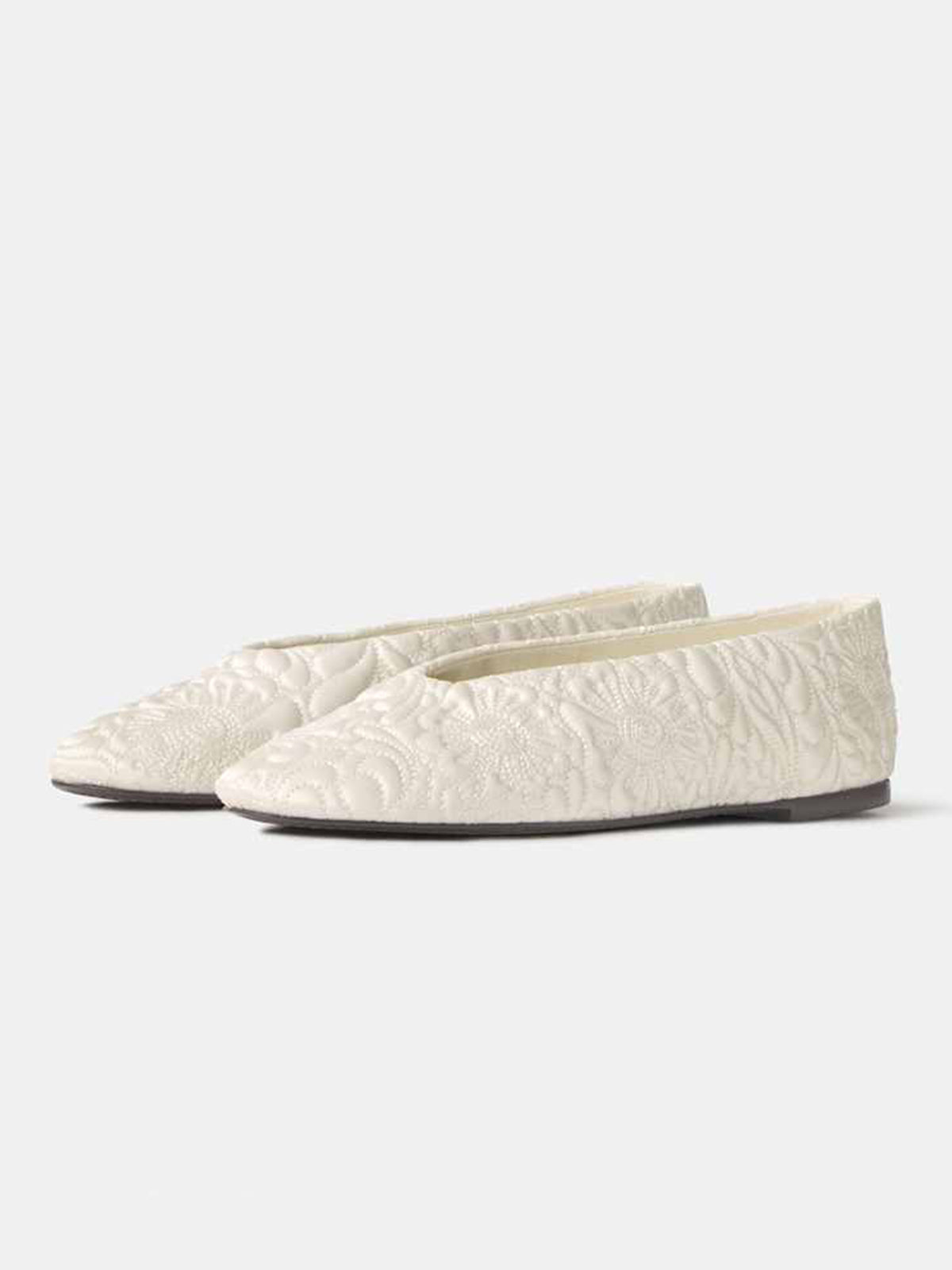 Ivory Satin Round-Toe Flowers Stitch Slip-On Ballet Flats