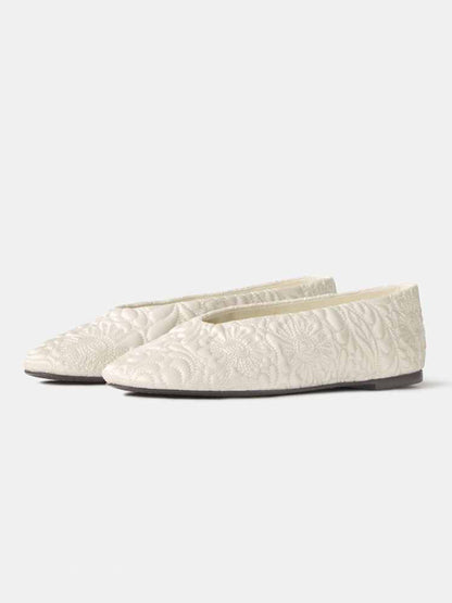 Ivory Satin Round-Toe Flowers Stitch Slip-On Ballet Flats