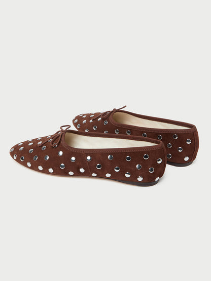 Coffee Faux Suede Round-Toe Chic Front Bow Slip-On Studs Ballet Flats