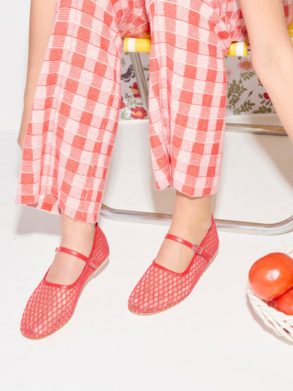 Chic Square-Toe Mary Jane Slip-On Ballet Flats - Red Mesh