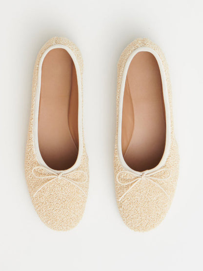 Cream Plush Round-Toe Simple Chic Ballet Flats With Front Bow