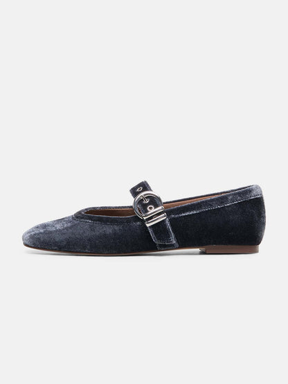 Navy Pleuche Square-Toe Buckle Mary Jane Ballet Flats