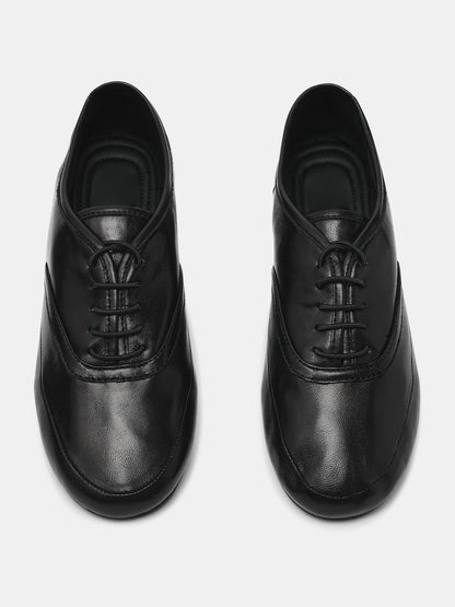 Black Round-Toe Lace-Up Slip-On Chic Flats