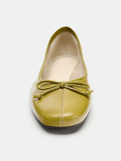Green Square-Toe Front Chic Bow Slip-On Ballet Flats