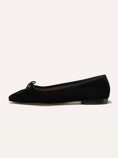 Front Bow Square-Toe Slip-On Chic Ballet Flats - Black Faux Suede