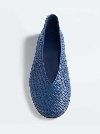 Blue Woven Vegan Leather Round-Toe Slip-On Ballet Flats