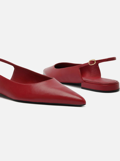 Red Pointed-Toe Buckle Slingback Chic Slip-On Flats