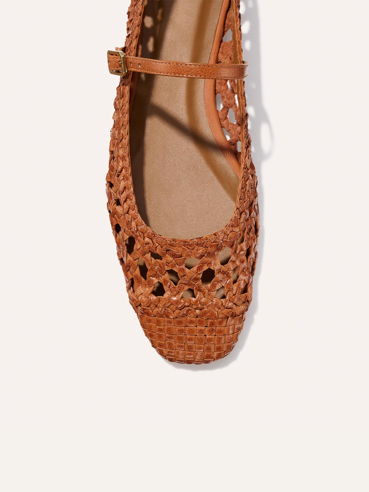 Tan Woven Vegan Leather Square-Toe Mary Jane Chic Ballet Flats