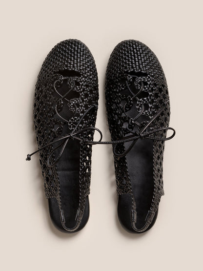 Black Woven Vegan Leather Round-Toe Lace-Up And Slingback Flats Sandals