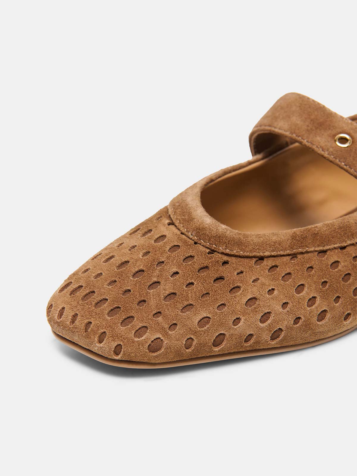 Brown Perforated Faux Suede Square-Toe Middle Strap Ballet Flats