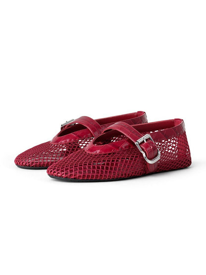 Red Mesh And Crocodile Pattern Vegan Leather Round-Toe Mary Jane Ballet Flats