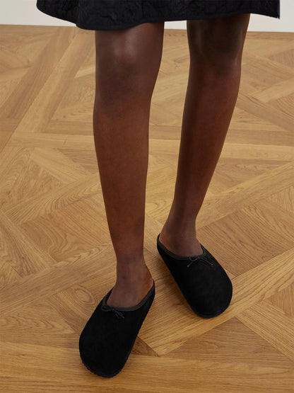 Black Faux Suede Square-Toe Front Bow Backless And Ankle Strap Flats