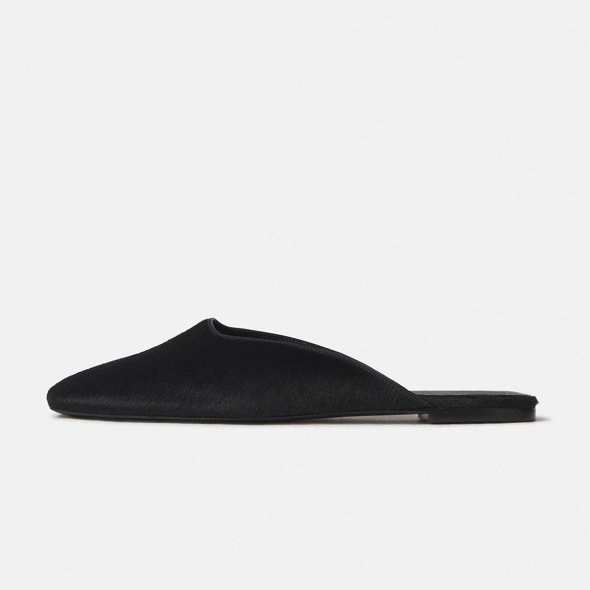 Slip-On Square-Toe Backless Mules Flats - Black Pony Hair Vegan Leather