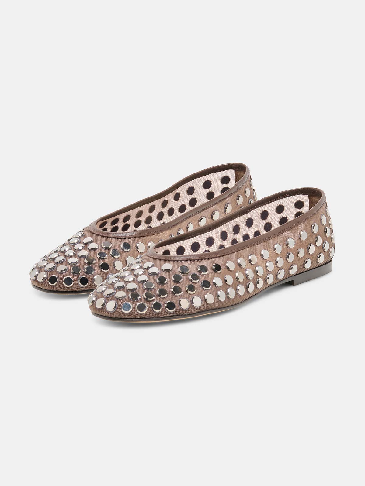 Brown Mesh Round-Toe Full Studs Slip-On Ballet Flats