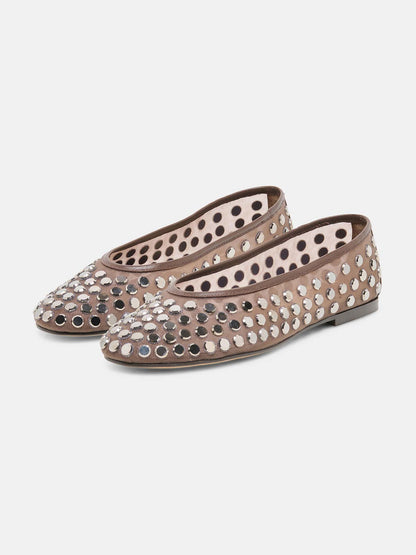 Brown Mesh Round-Toe Full Studs Slip-On Ballet Flats