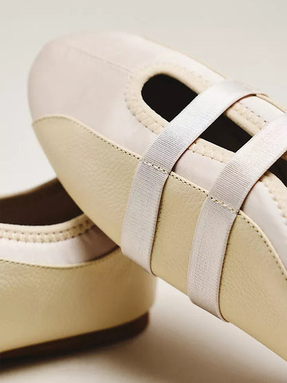 Cream Vegan Leather And Satin Round-Toe Double Middle Strap Sporty Ballet Sneakers