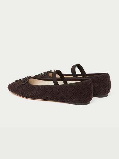 Brown Woven Faux Suede Round-Toe Front Bow And Middle Strap Ballet Flats