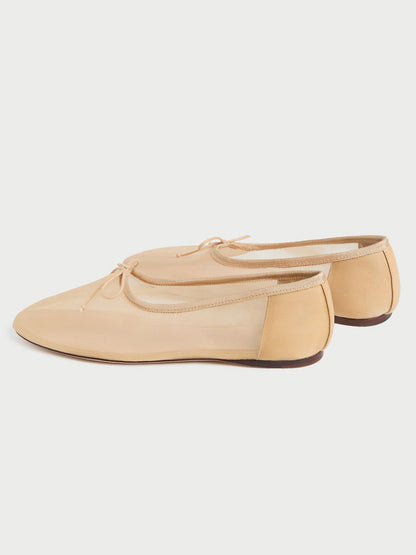 Tan Mesh Round-Toe Chic Front Bow Slip-On Ballet Flats