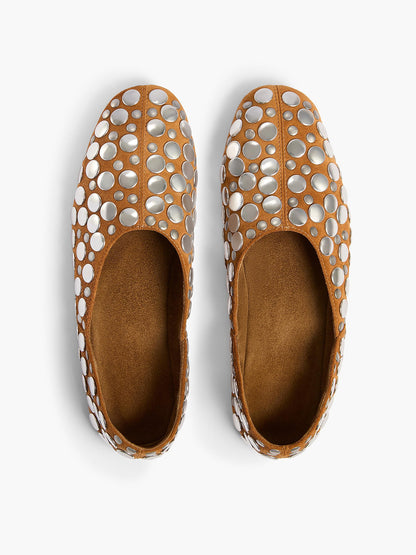 Studs Slip-On Round-Toe Simple Ballet Flats - Tan Faux Suede