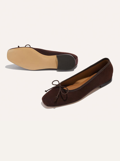 Front Bow Square-Toe Slip-On Chic Ballet Flats - Coffee Faux Suede