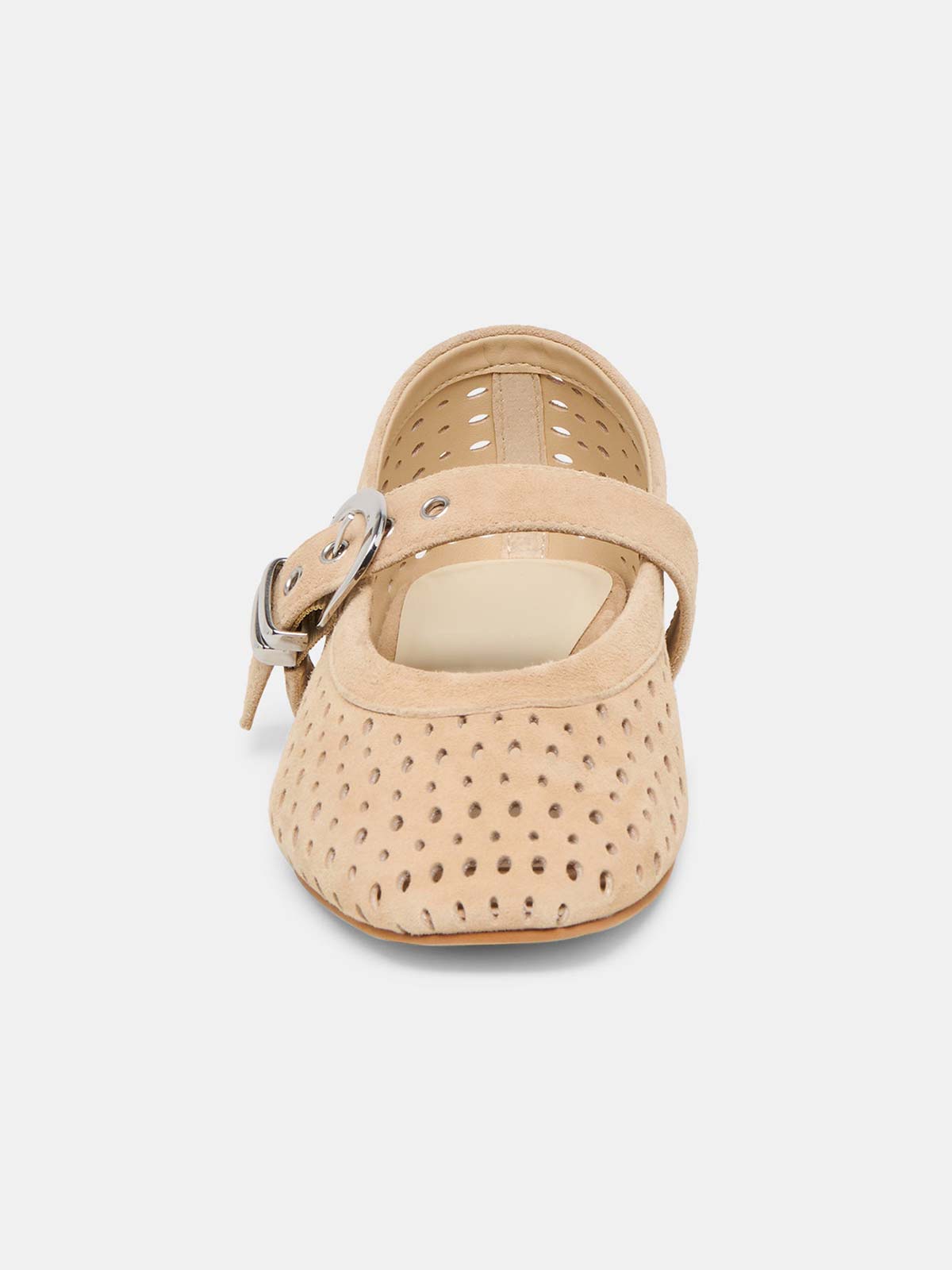 Camel Faux Suede Square-Toe Buckle Mary Jane Strap Ballet Flats