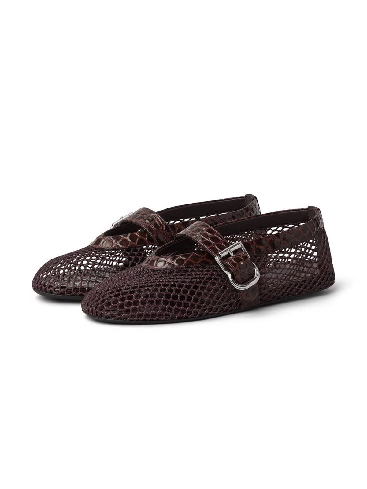 Dark Brown Mesh And Crocodile Pattern Vegan Leather Round-Toe Mary Jane Ballet Flats