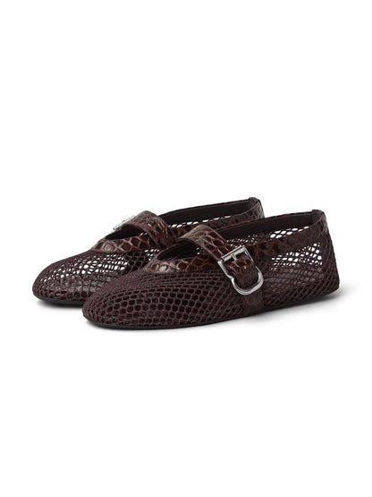 Dark Brown Mesh And Crocodile Pattern Vegan Leather Round-Toe Mary Jane Ballet Flats