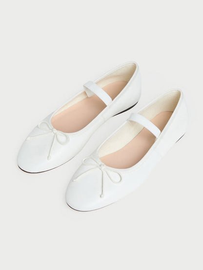 White Vegan Leather Round-Toe Mary Jane Front Bow Ballet Flats